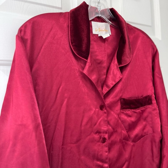 Vintage Satin Velvet Trim Pyjama Shirt Dress S Ruby - Picture 4 of 15